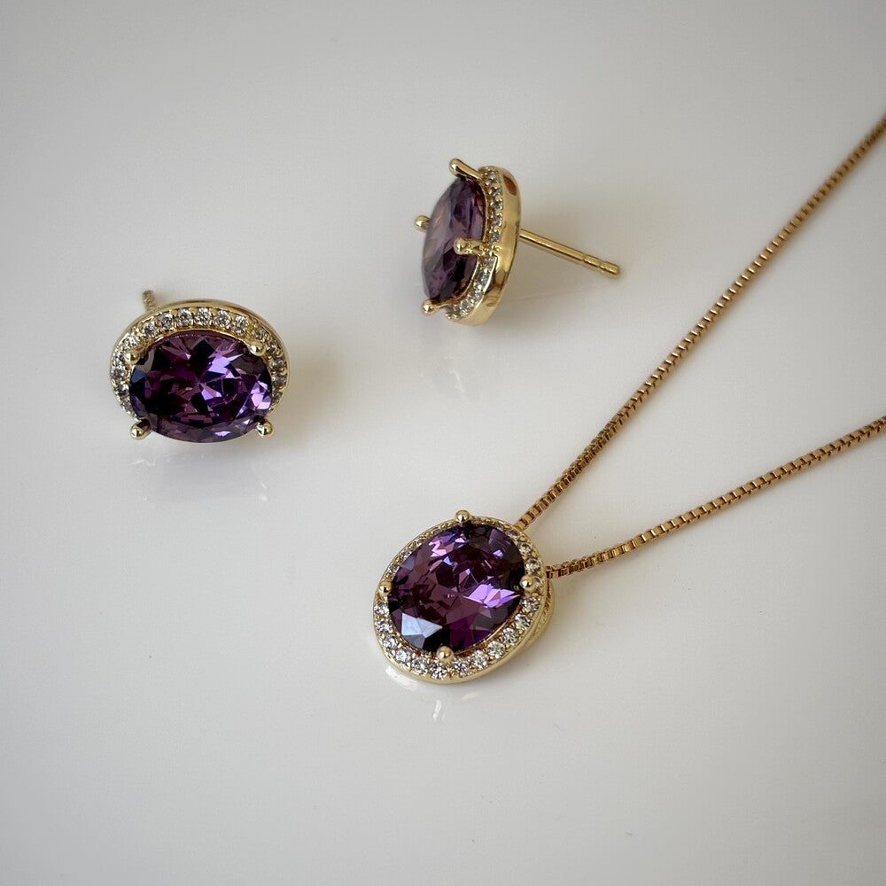Conjunto oval zircônias ametista cravejado ouro - foto 3