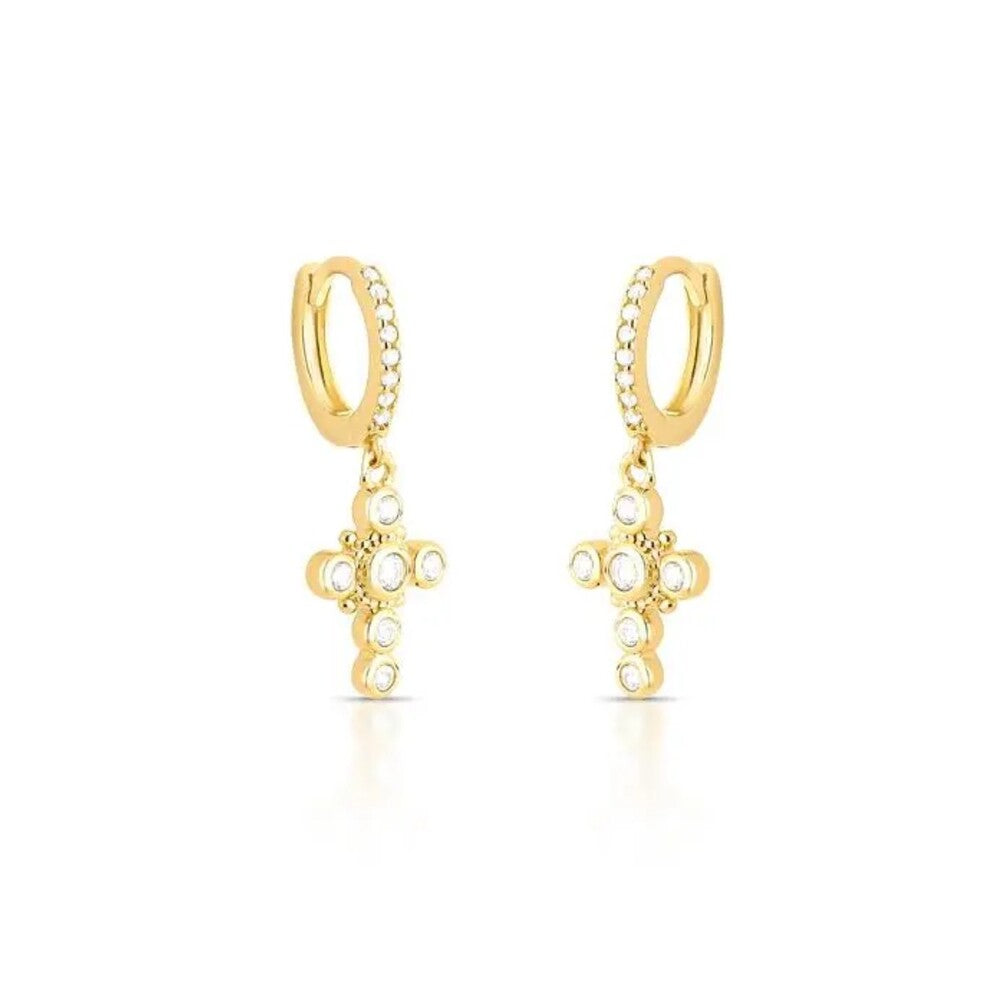 Brinco argolinha cruz com zircônias ouro