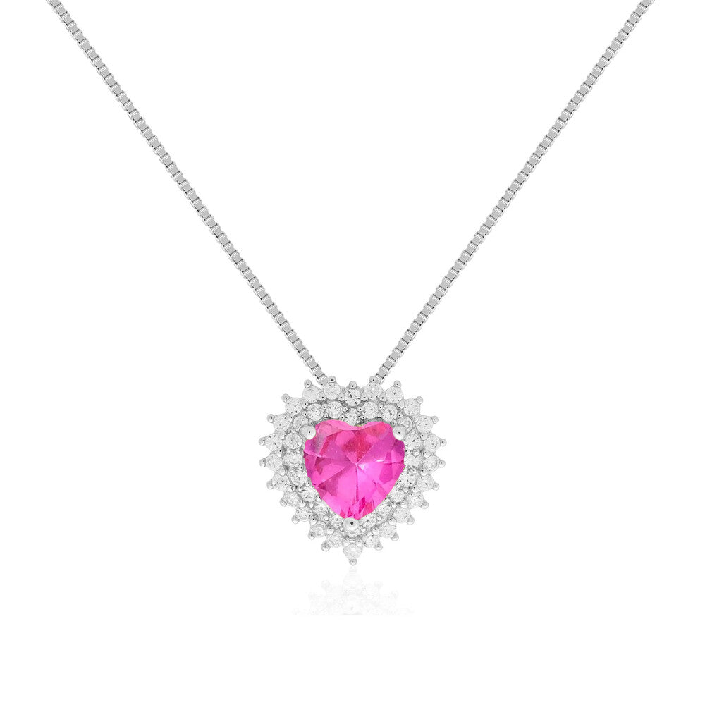 Colar Sally coração zircônia turmalina pink prata 925