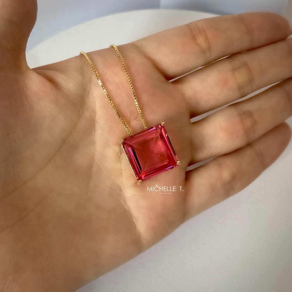 Colar quadrado cristal rosa ouro - foto 3