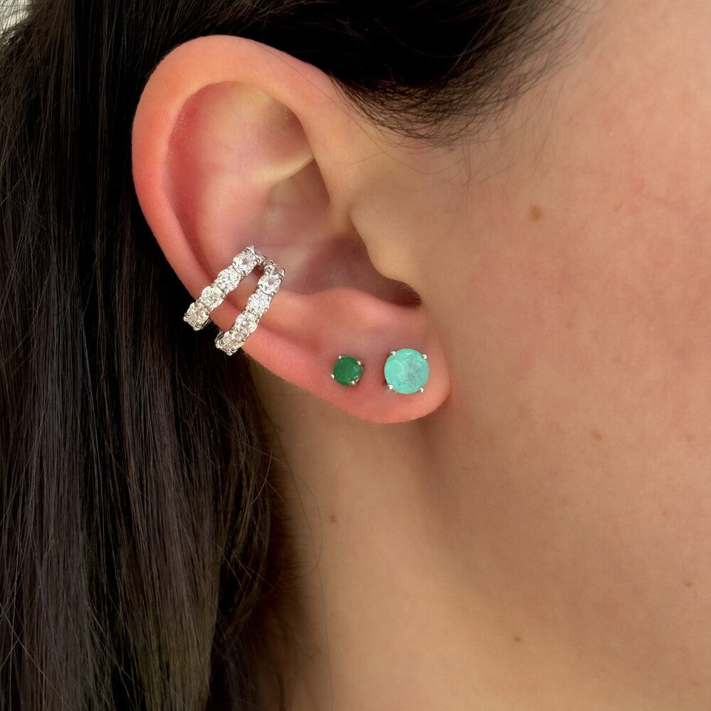 Conjunto argola Manhattan + ponto de luz 4mm esmeralda fusion ródio branco