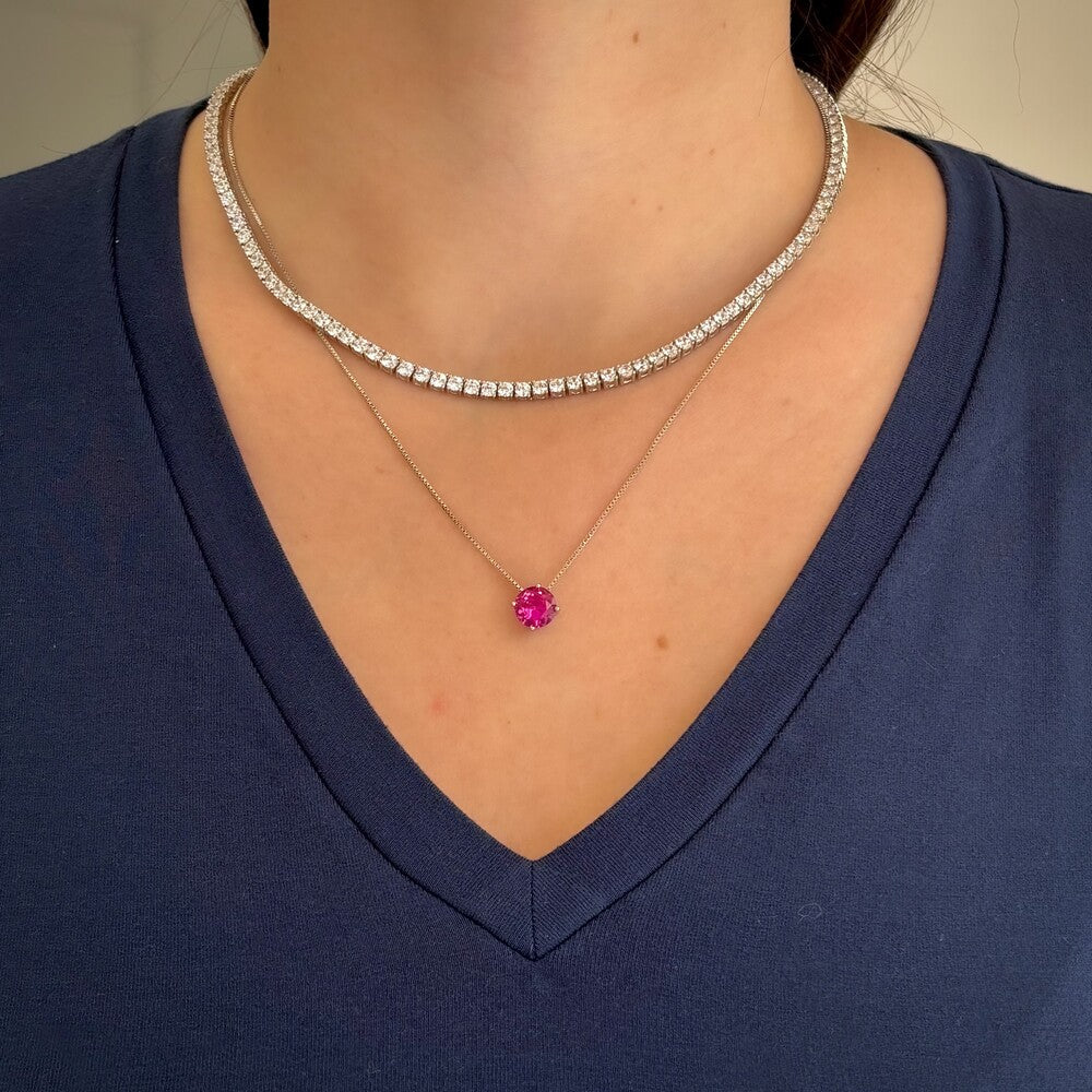 Conjunto redondo zircônia turmalina pink ródio branco (8mm)