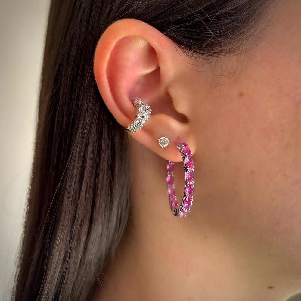 Conjunto argola Manhattan + ponto de luz 4mm zircônia turmalina pink ródio branco