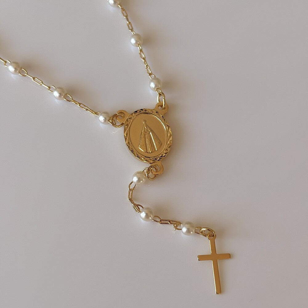 Colar terço Nossa Senhora Aparecida mini pérolas ouro - foto 3