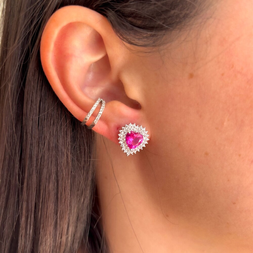Conjunto Sally coração zircônia turmalina pink prata 925