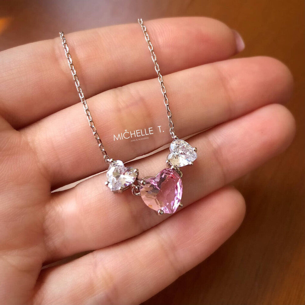 Colar corações zircônia kunzita ródio branco - foto 3
