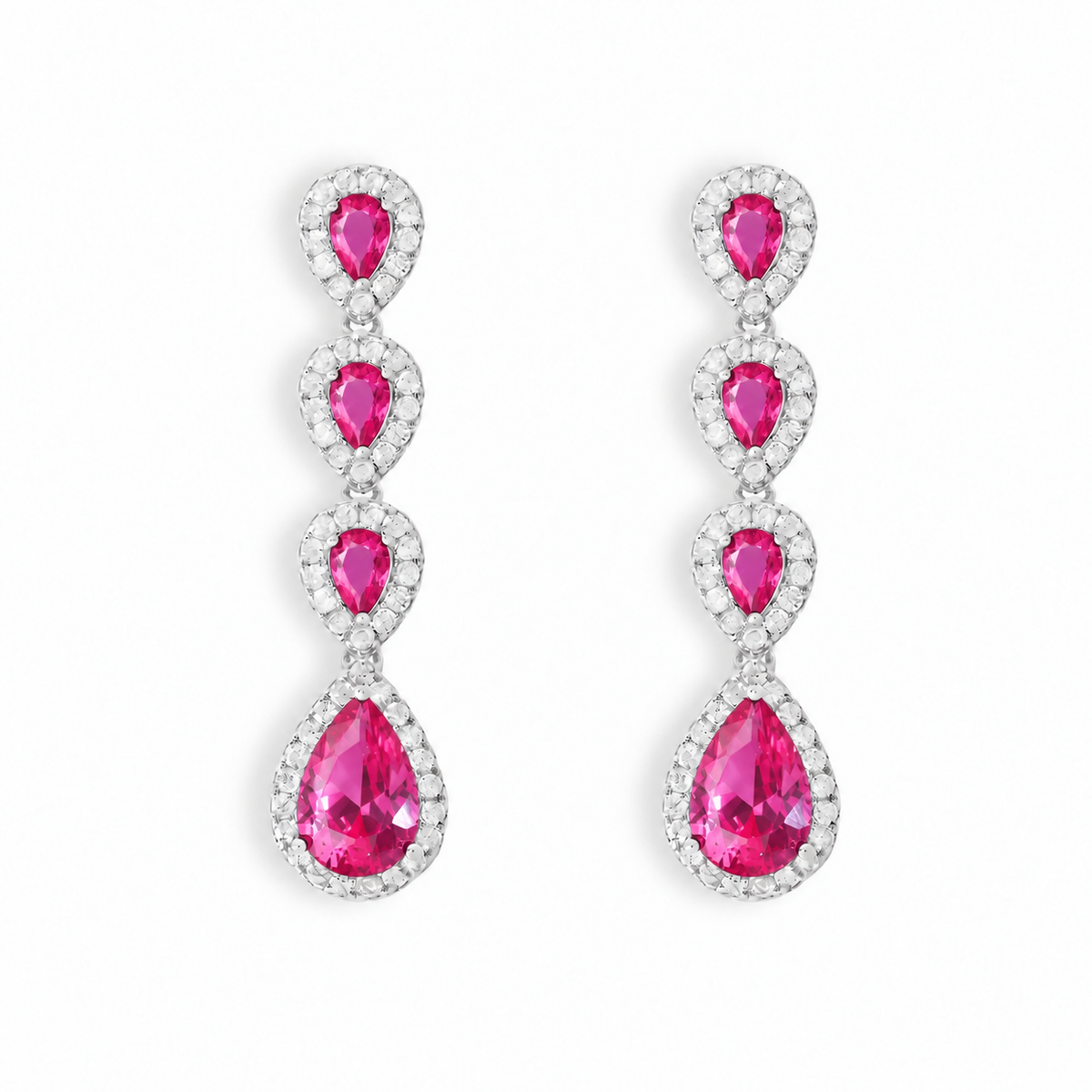 Brinco Amber gotas zircônia turmalina pink ródio branco