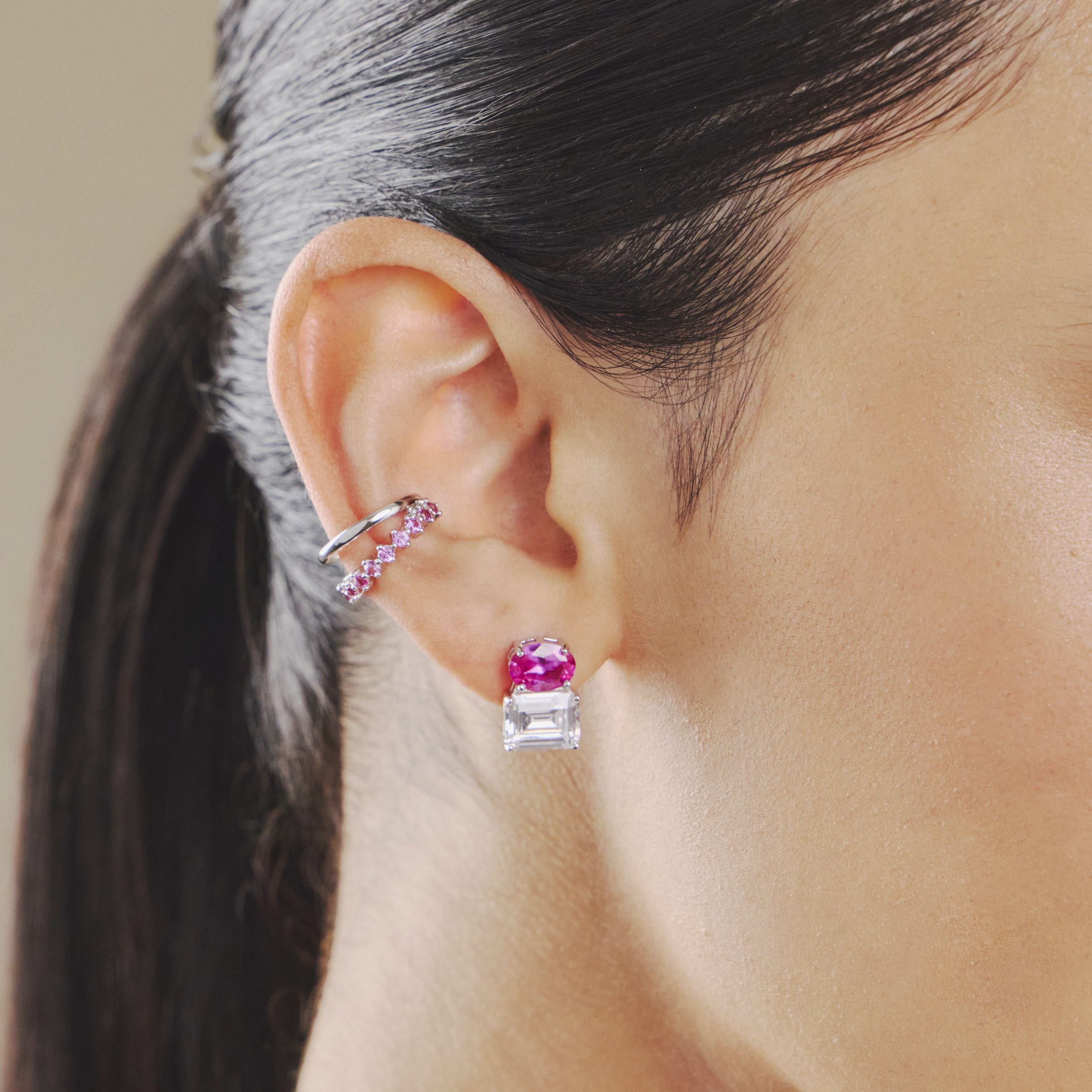 Brinco Alana zircônias turmalina pink ródio branco