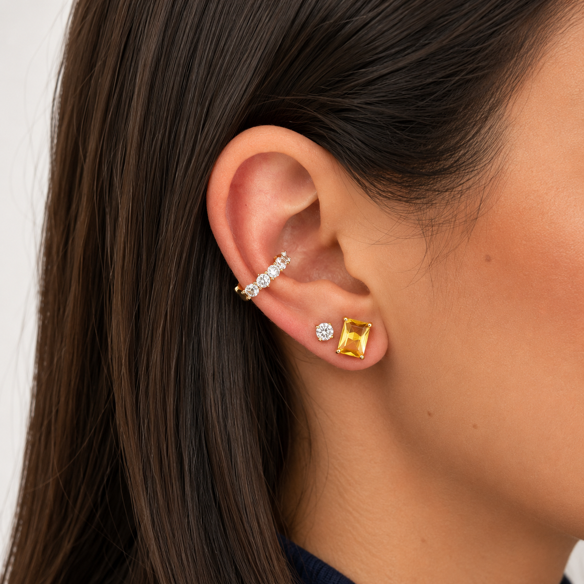 Conjunto Focus retângulo zircônia fancy yellow ouro