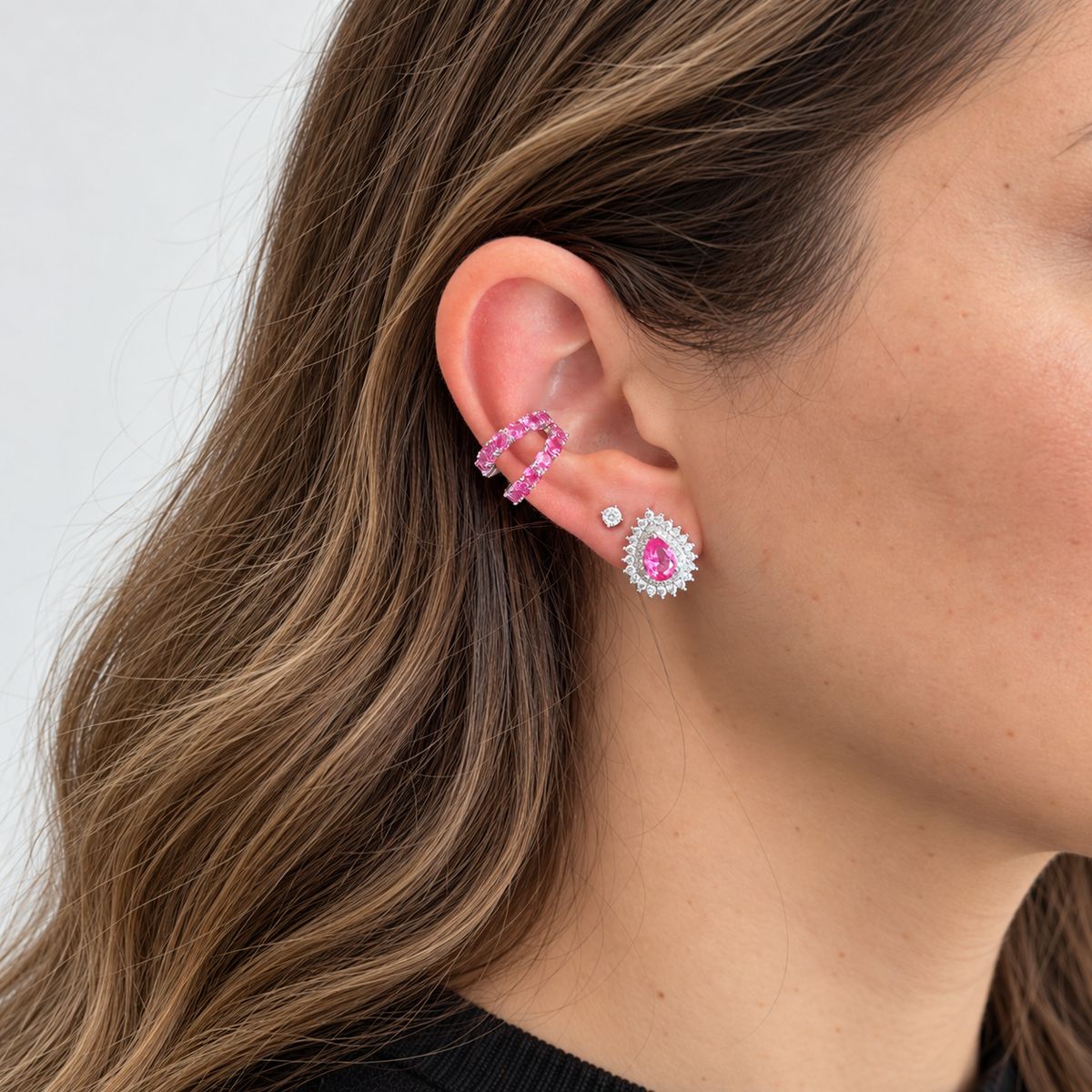Brinco Polly gota zircônia turmalina pink ródio branco