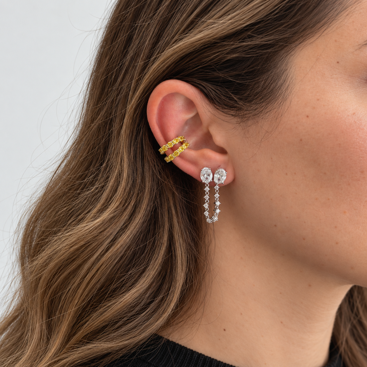 Brinco ear line Ziggy zircônia branca ródio branco