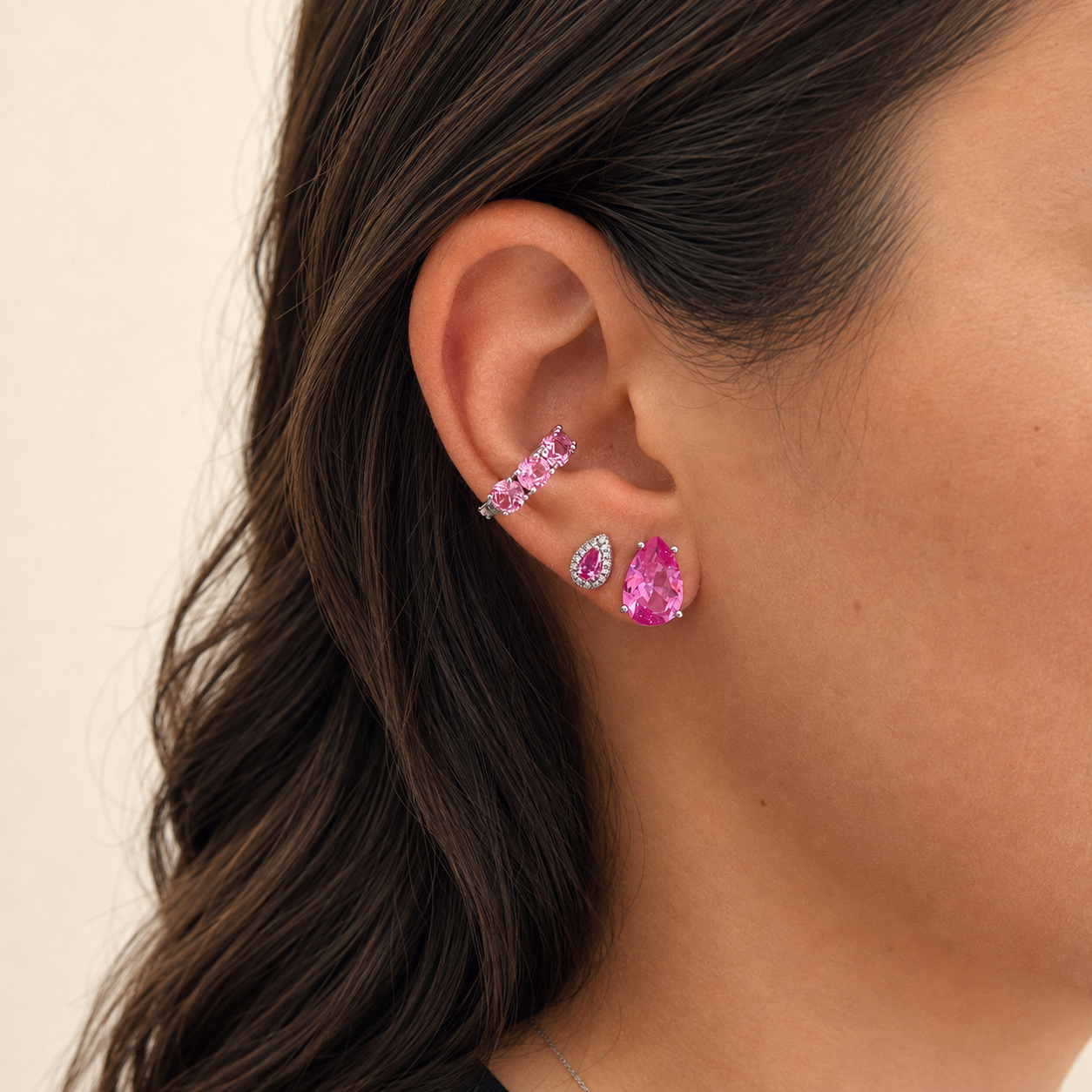 Brinco gota Bourbon zircônia turmalina pink ródio branco