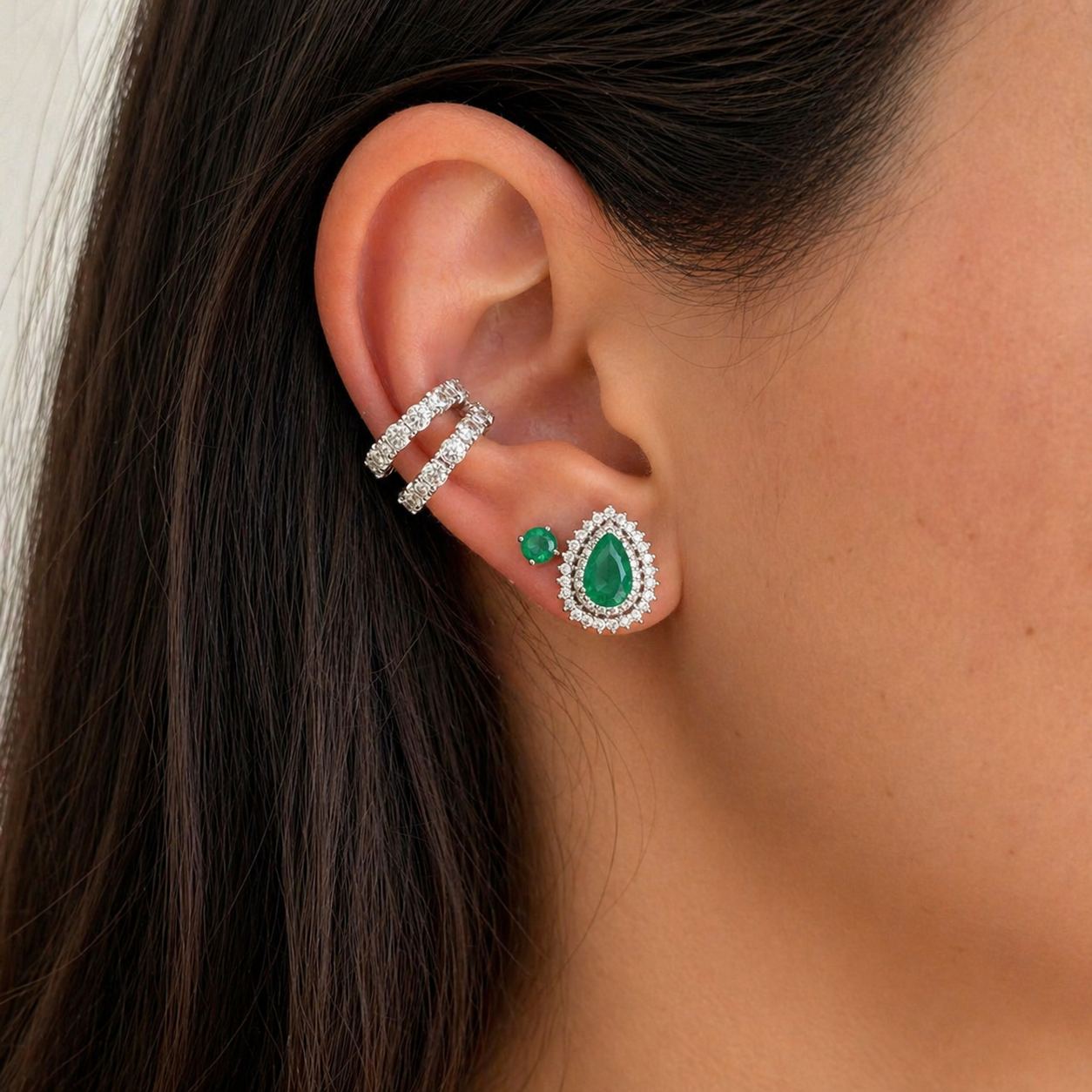 Conjunto gota Holly esmeralda fusion prata 925