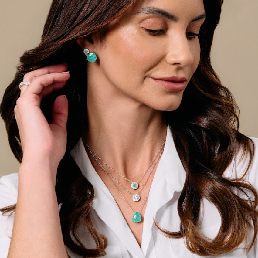 Conjunto gota Viena esmeralda colombiana fusion ródio branco