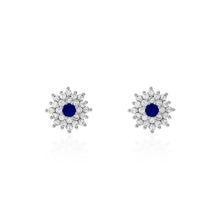 Brinco flor mini Rosalie zircônia azul safira ródio branco