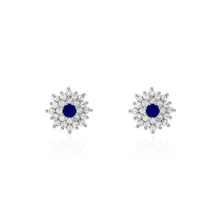 Brinco flor mini Rosalie zircônia azul safira ródio branco
