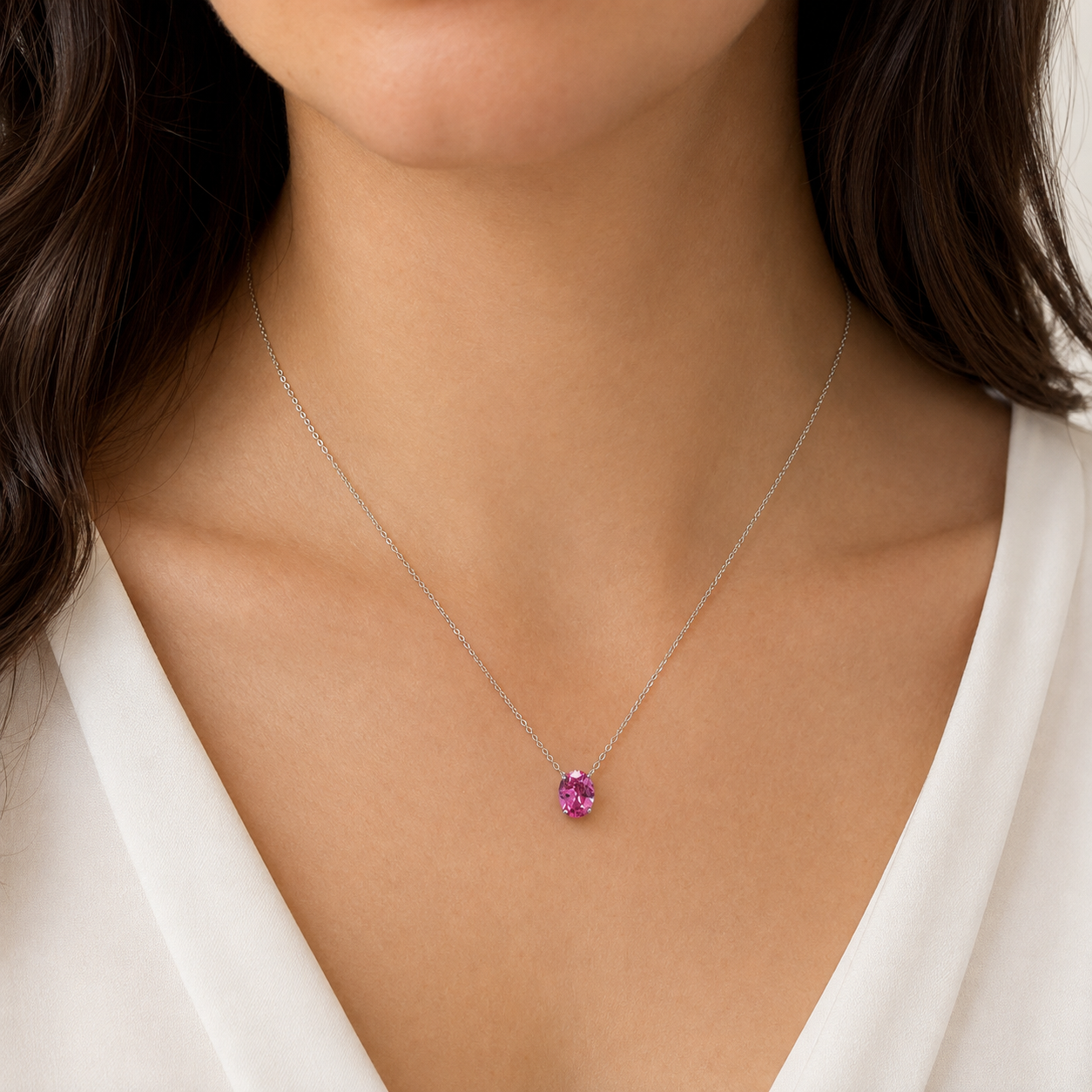 Colar Alexa oval zircônia turmalina pink ródio branco