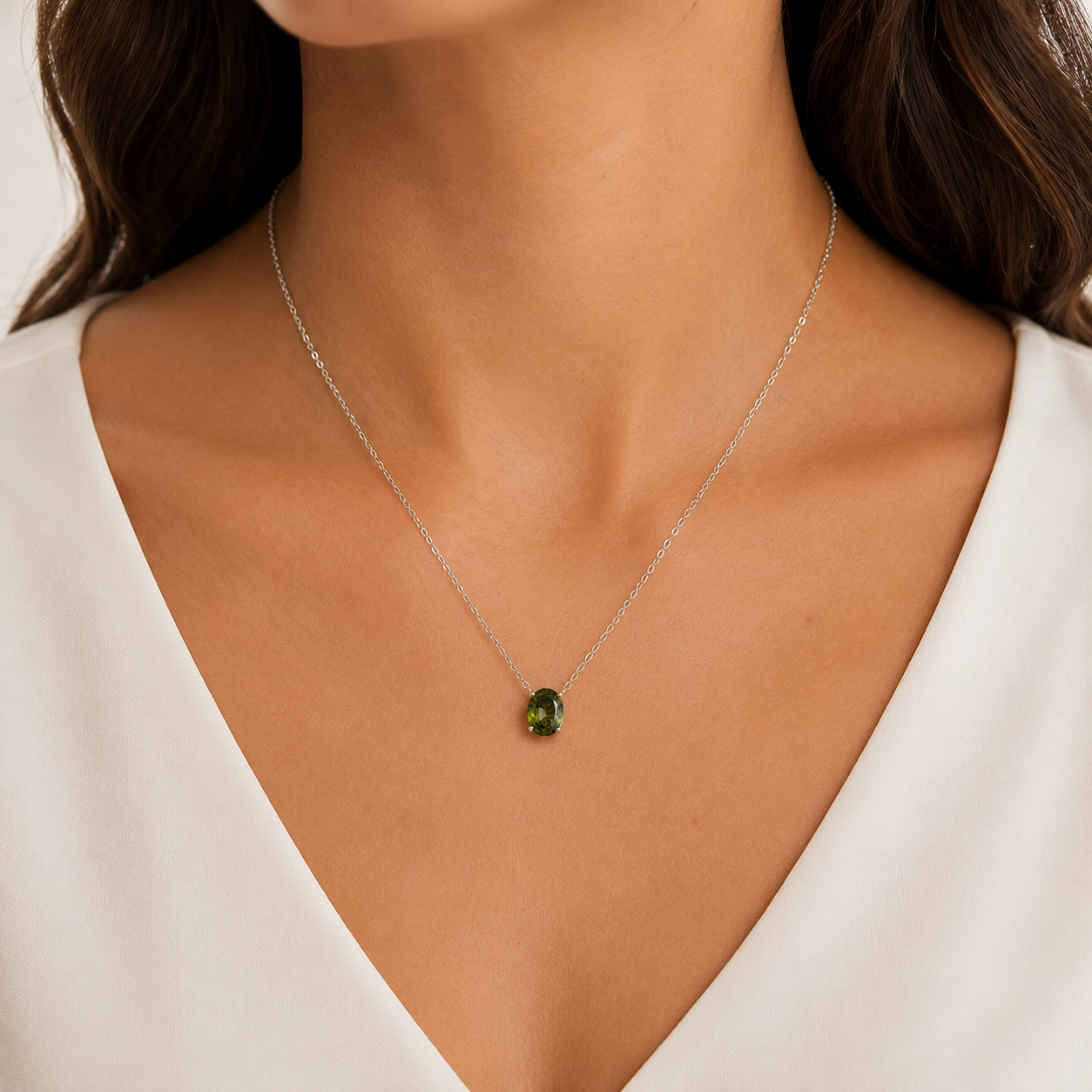 Colar Alexa oval zircônia verde oliva ródio branco