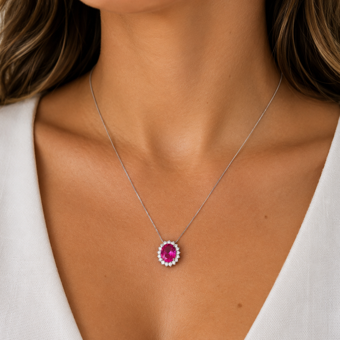 Colar Astrid oval zircônias turmalina pink ródio branco