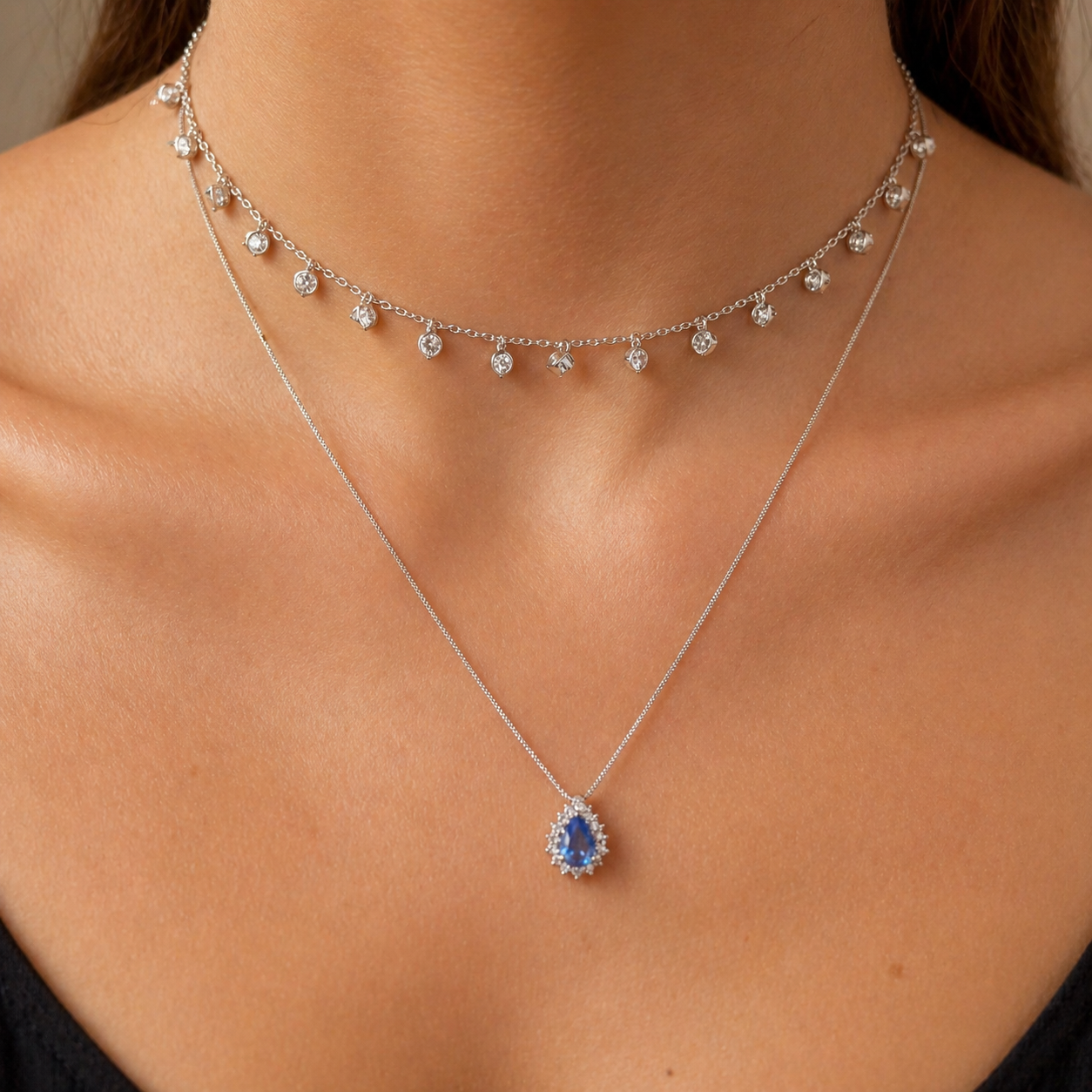 Conjunto Fran gota zircônia tanzanita ródio branco