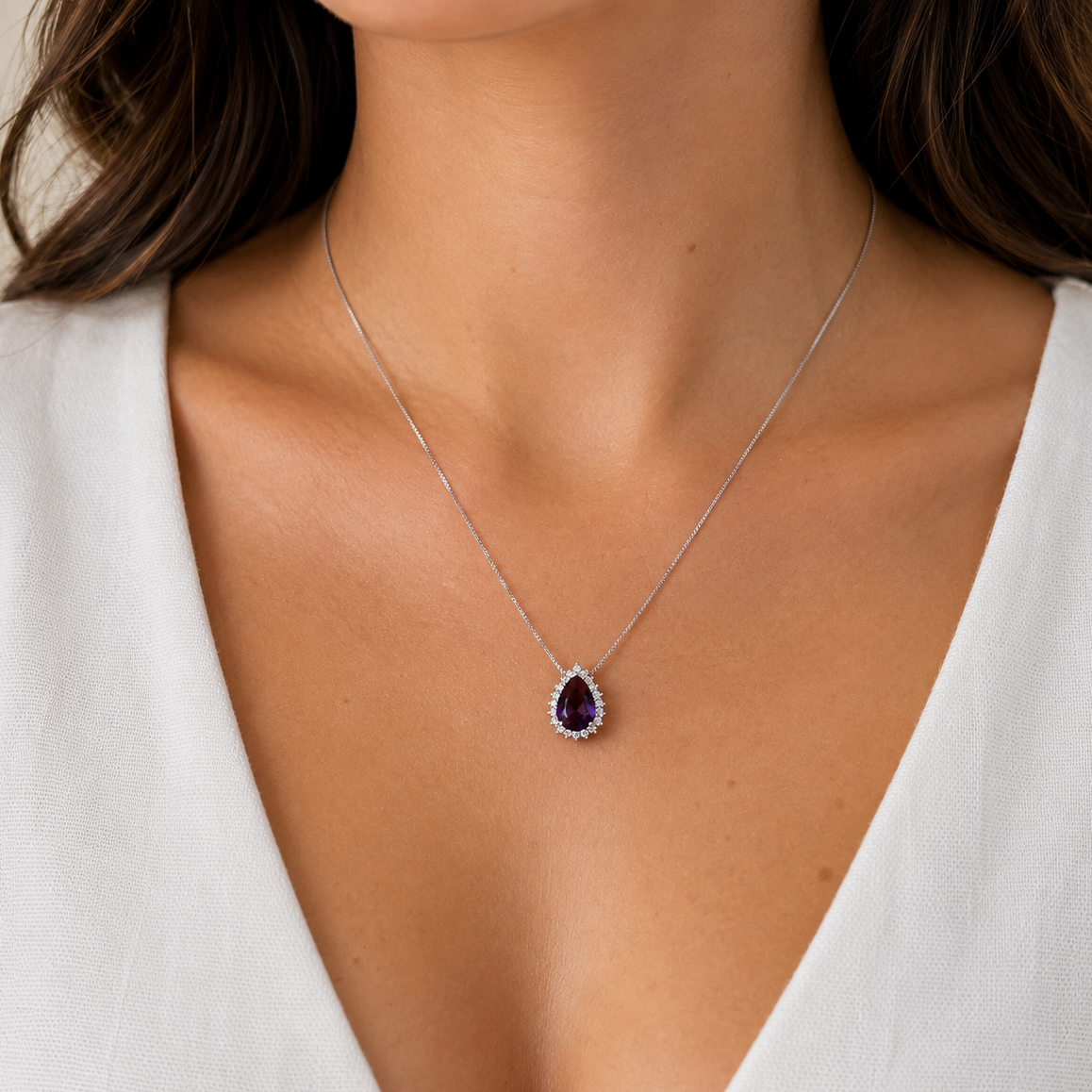 Colar Luli gota zircônia tanzanita ródio branco