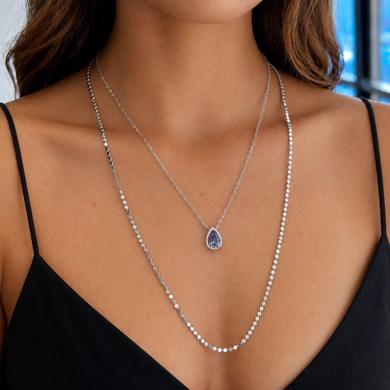 Conjunto Paty gota zircônia tanzanita ródio branco