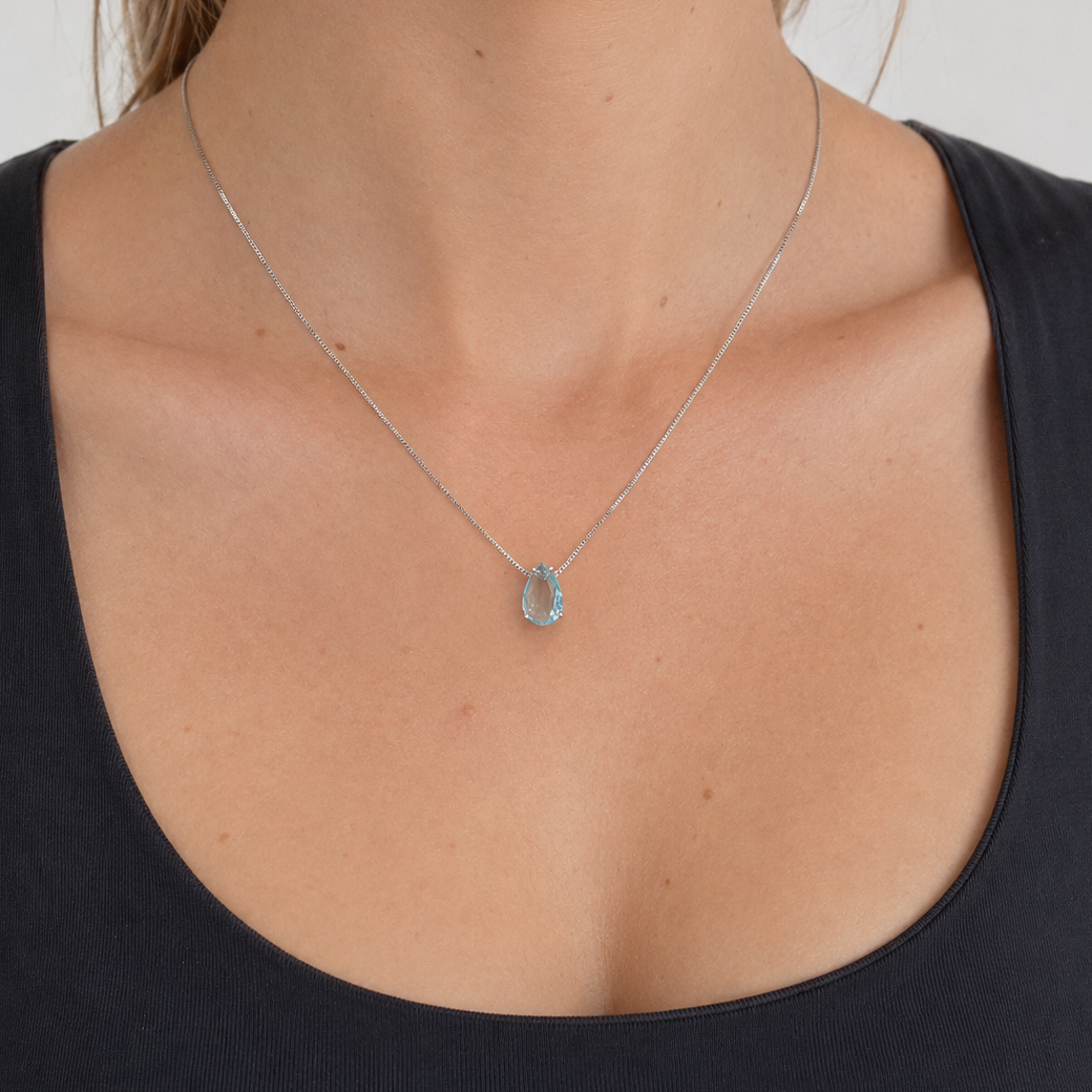 Colar gota Bourbon zircônia água marinha ródio branco