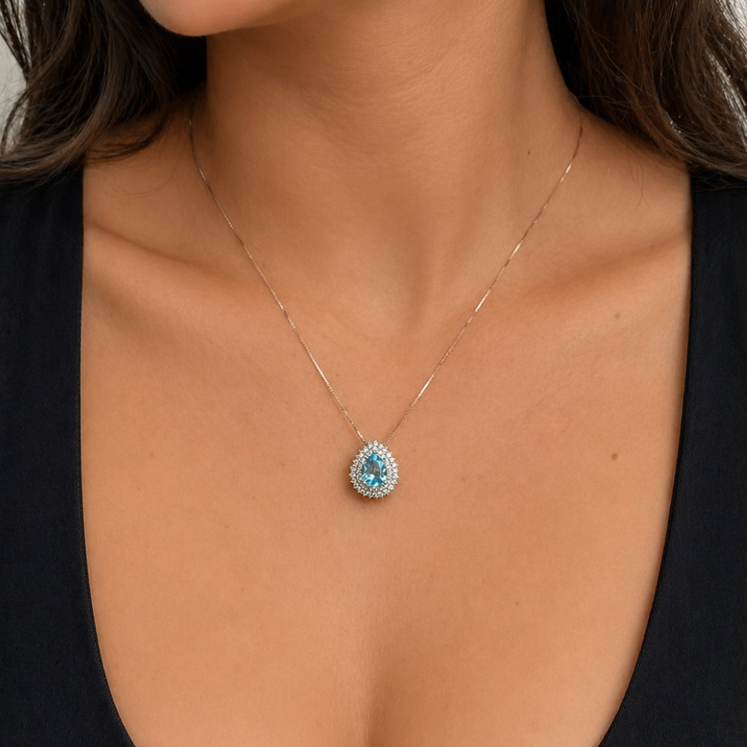 Conjunto gota Holly zircônia água marinha prata 925