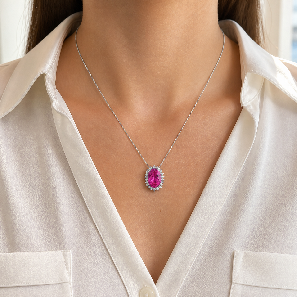 Conjunto oval Brenda zircônia turmalina pink ródio branco