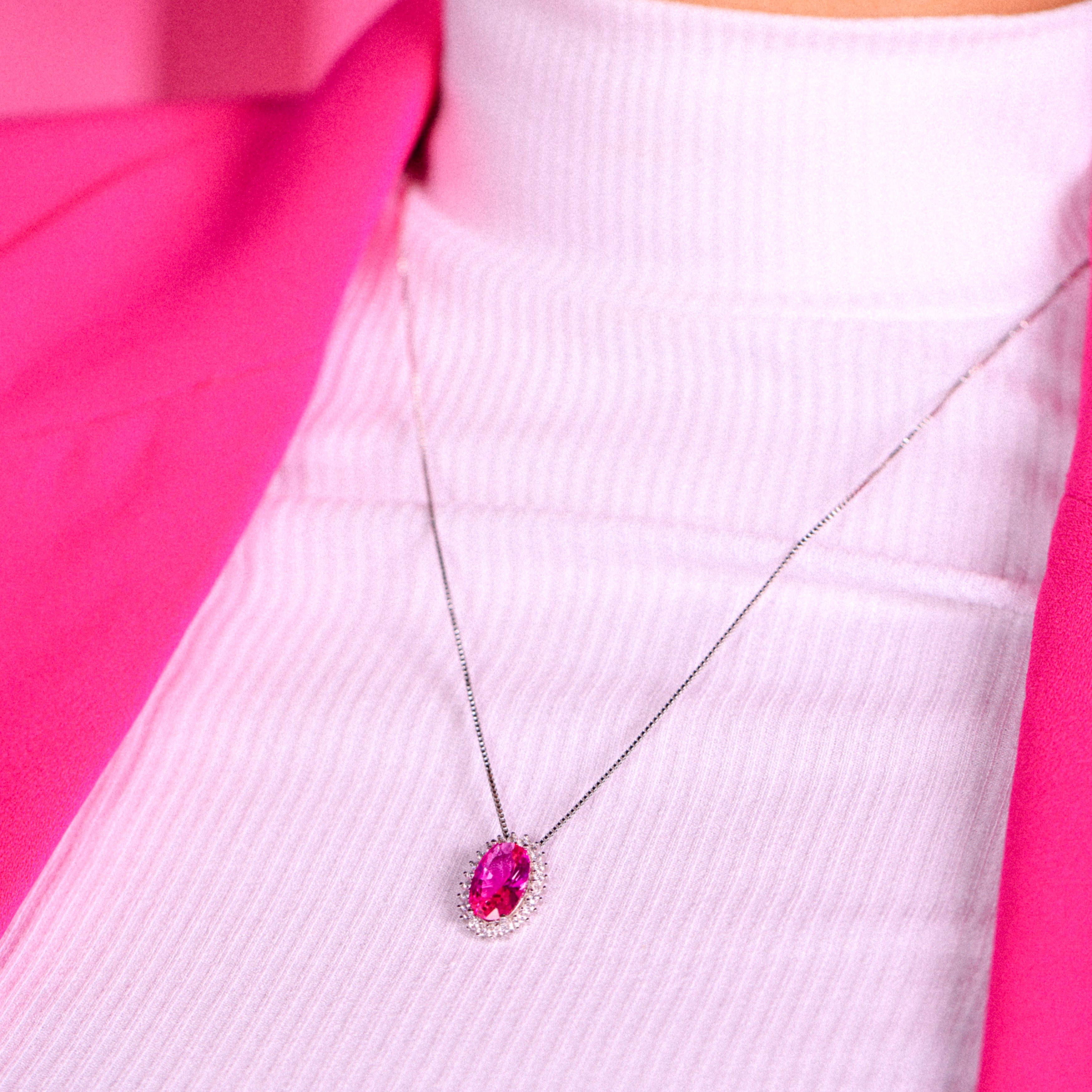 Colar oval Brenda zircônia turmalina pink ródio branco