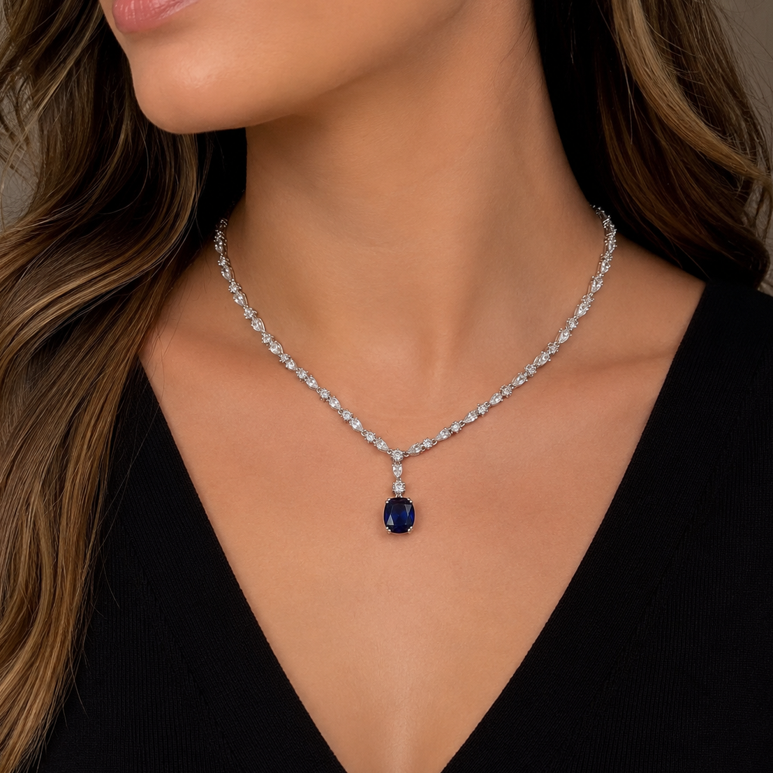 Colar riviera Cannes zircônia azul safira ródio branco