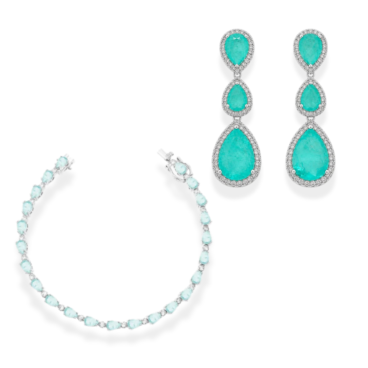 Conjunto Brinco Demi + Pulseira riviera Eva esmeralda colombiana fusion ródio branco