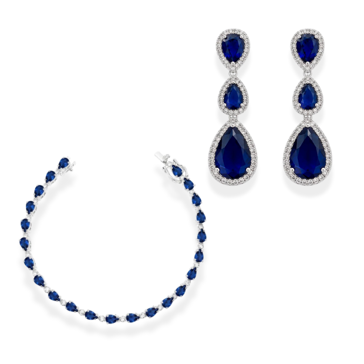 Conjunto Brinco Demi + Pulseira riviera Eva zircônia azul safira ródio branco