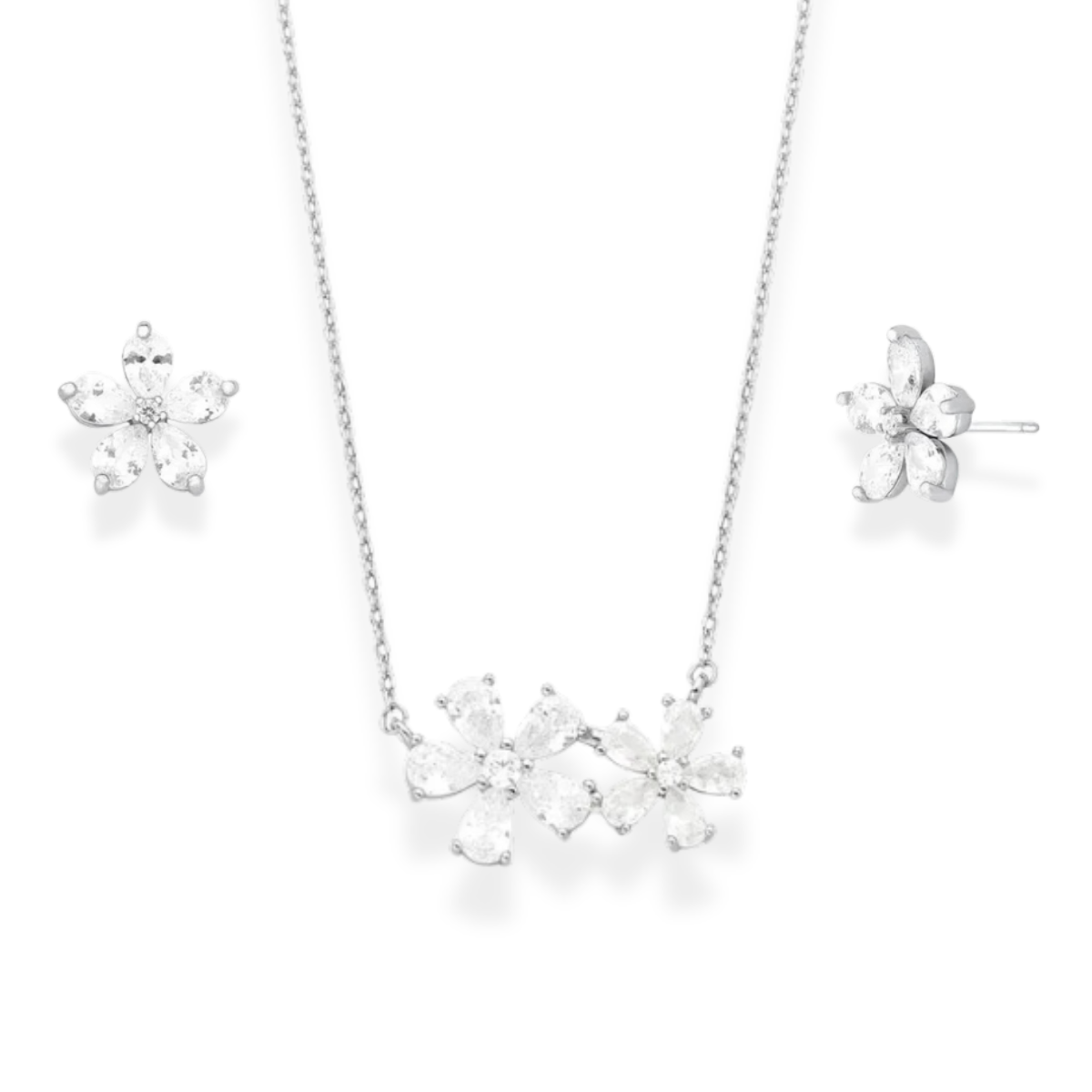 Conjunto Brinco Lótus + Colar flores zircônia branca ródio branco