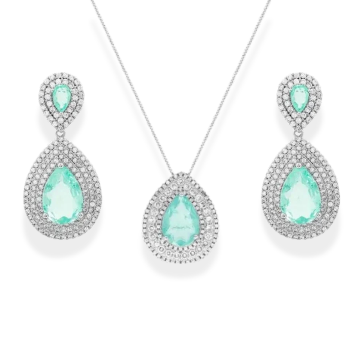 Conjunto Brinco Morgana + Colar Ingrid esmeralda colombiana fusion ródio branco