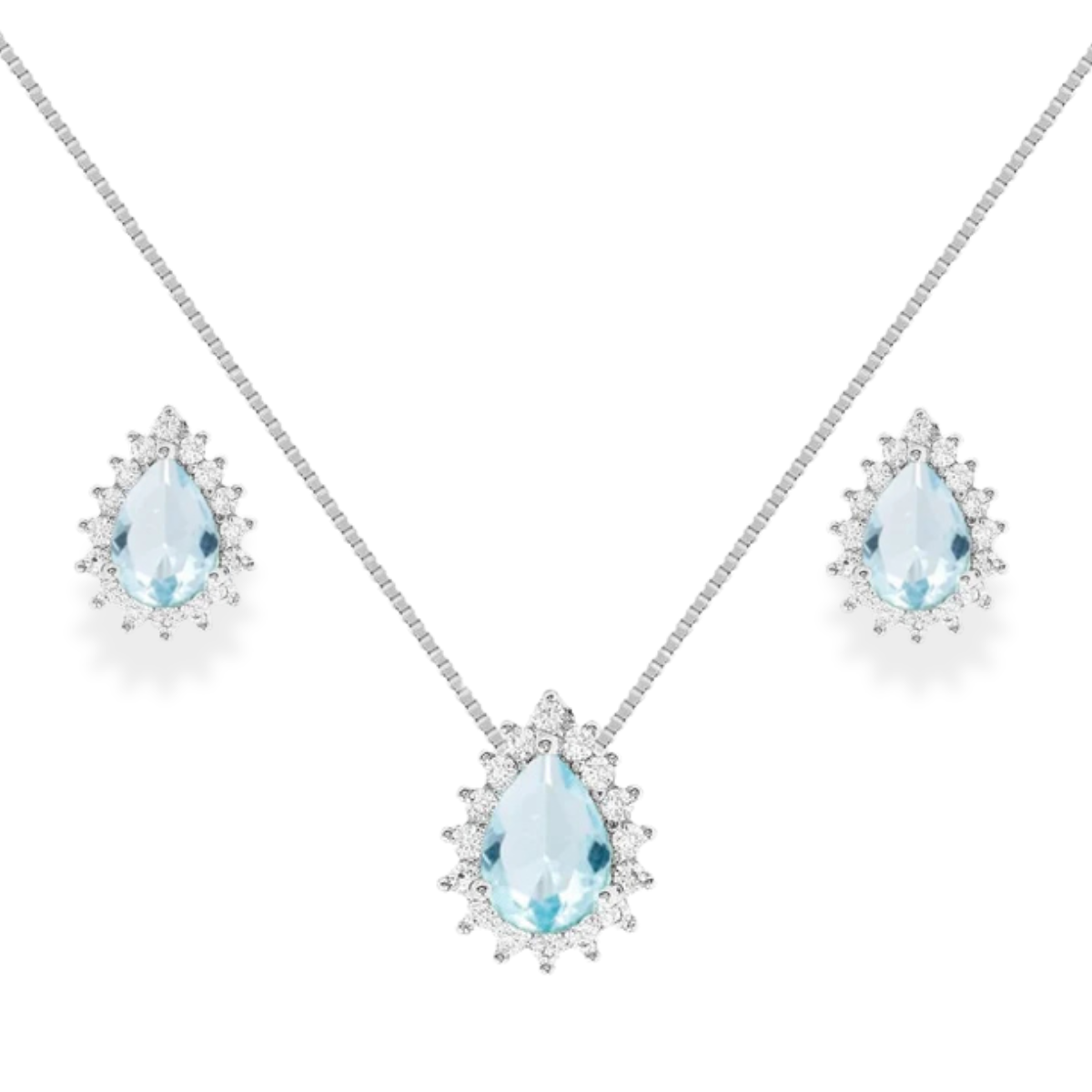 Conjunto Fran gota zircônia água marinha ródio branco