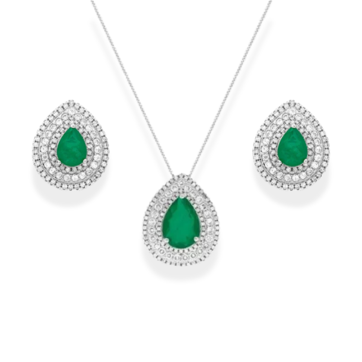 Conjunto Ingrid gota esmeralda fusion ródio branco