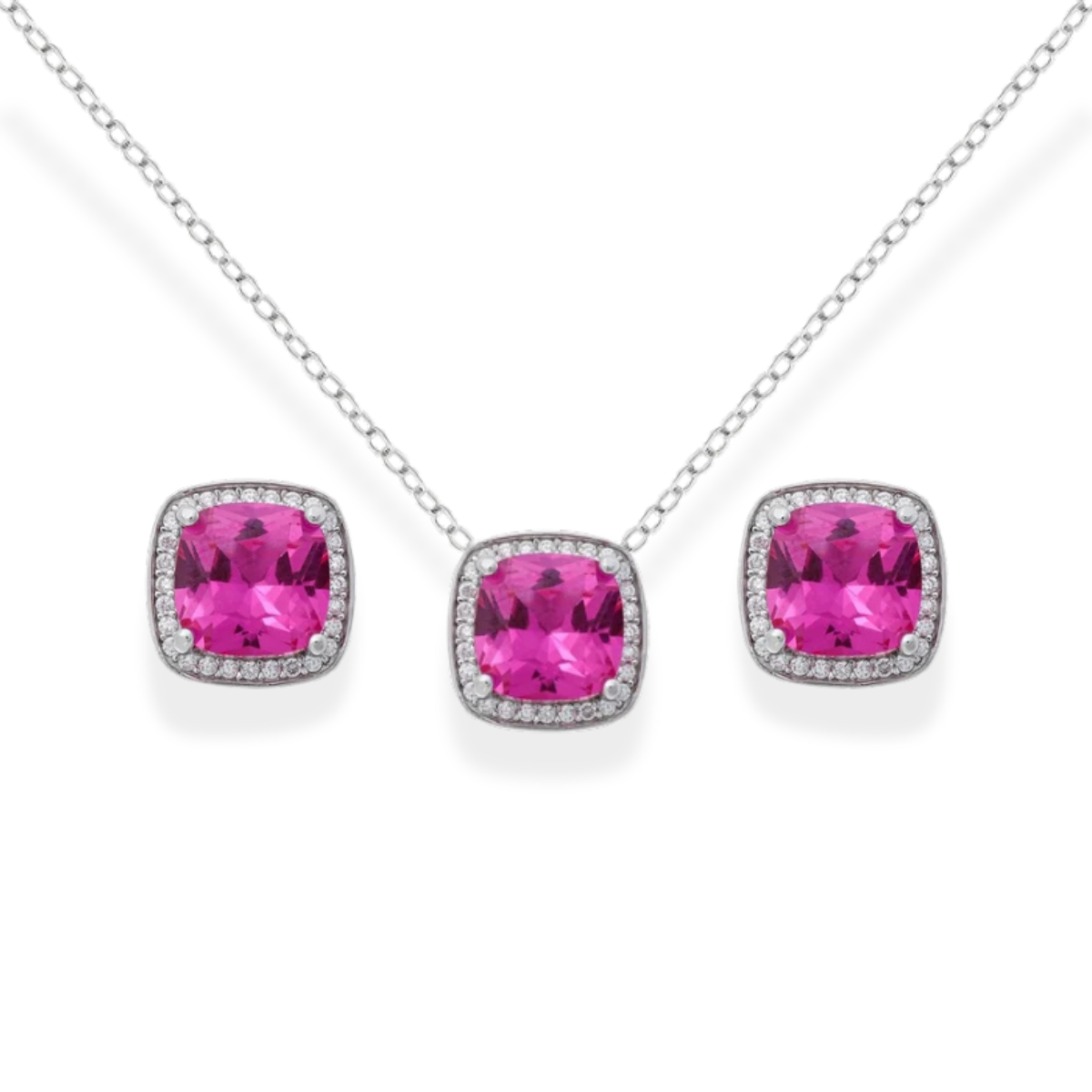 Conjunto Jolie quadrado zircônia turmalina pink prata 925