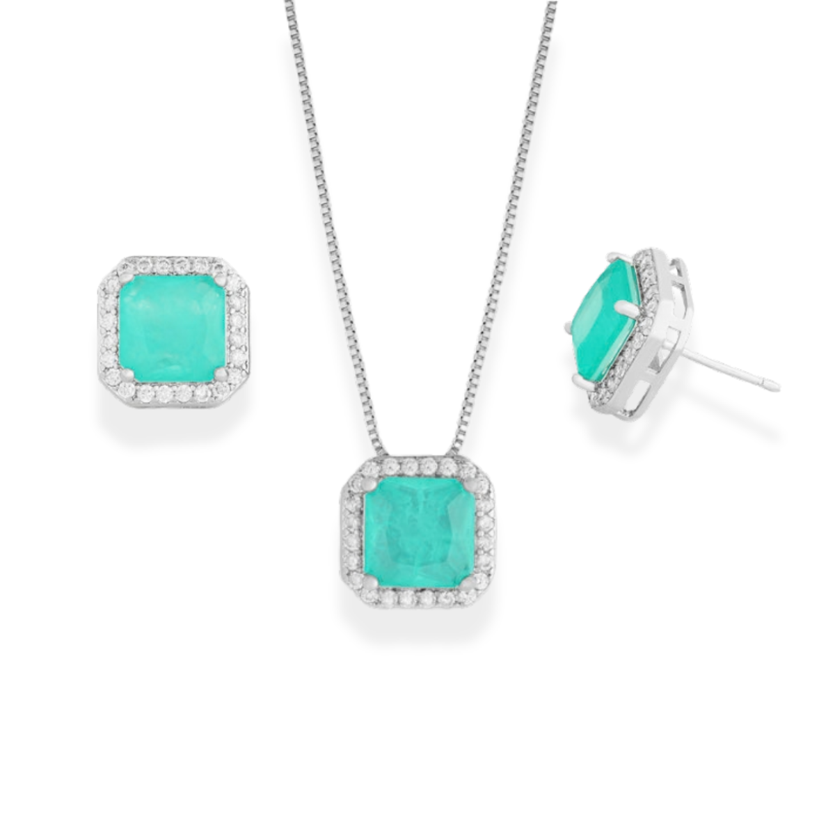 Conjunto Kate quadrado esmeralda colombiana fusion ródio branco