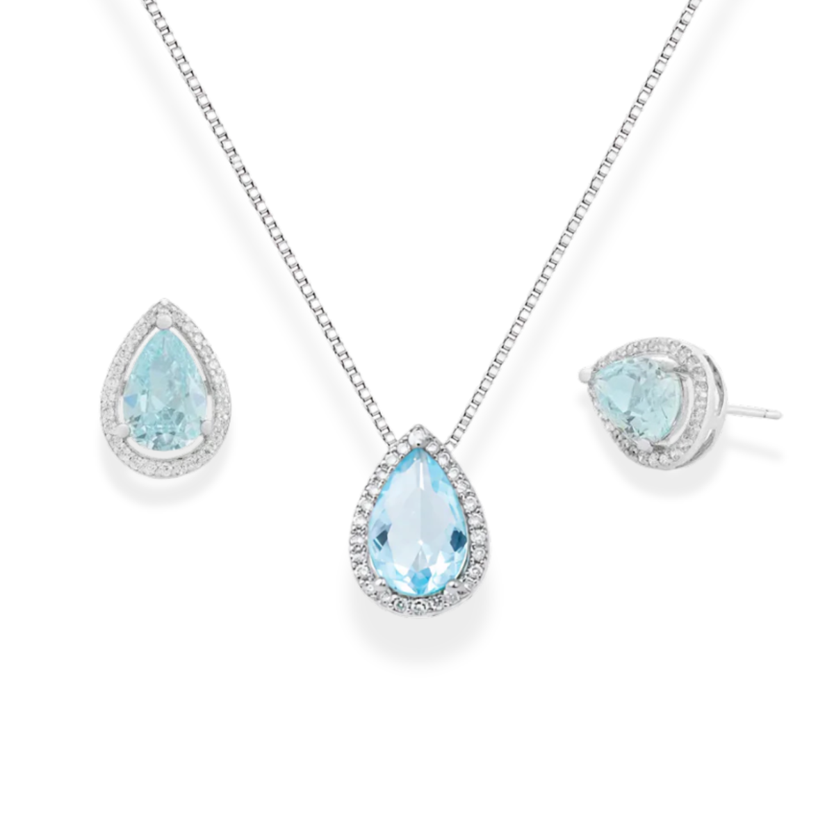 Conjunto Paty gota zircônia água marinha ródio branco