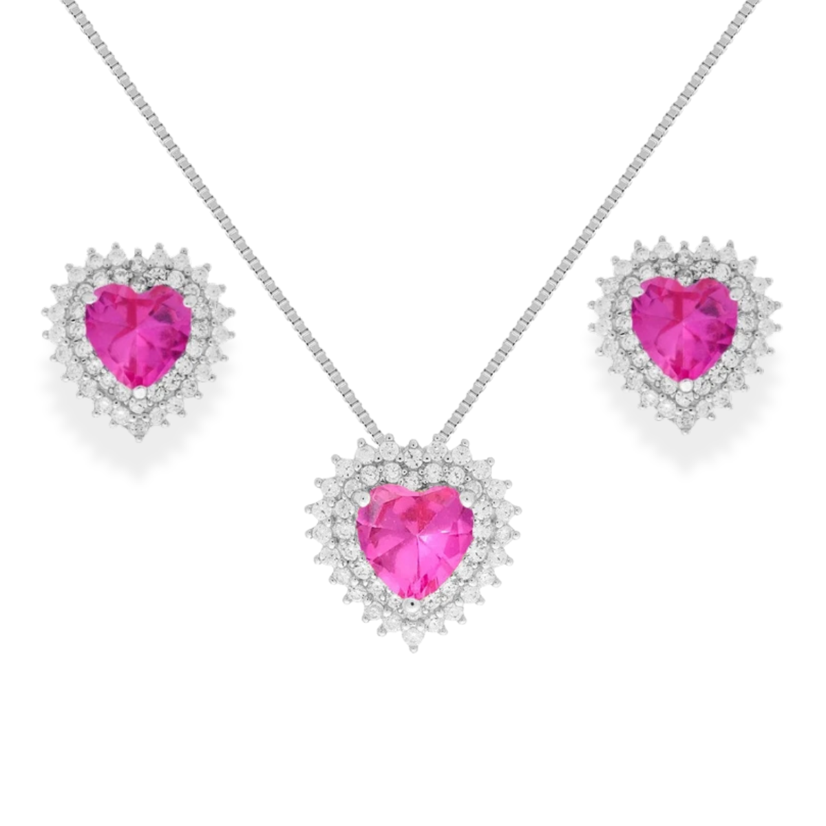 Conjunto Sally coração zircônia turmalina pink prata 925