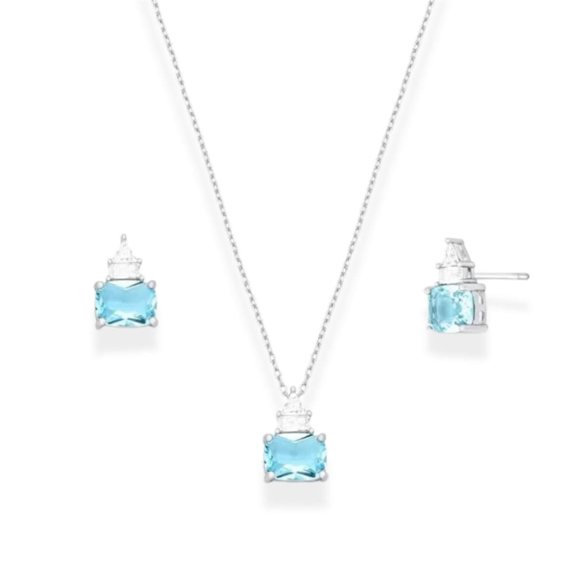 Conjunto Tróia zircônia água marinha ródio branco