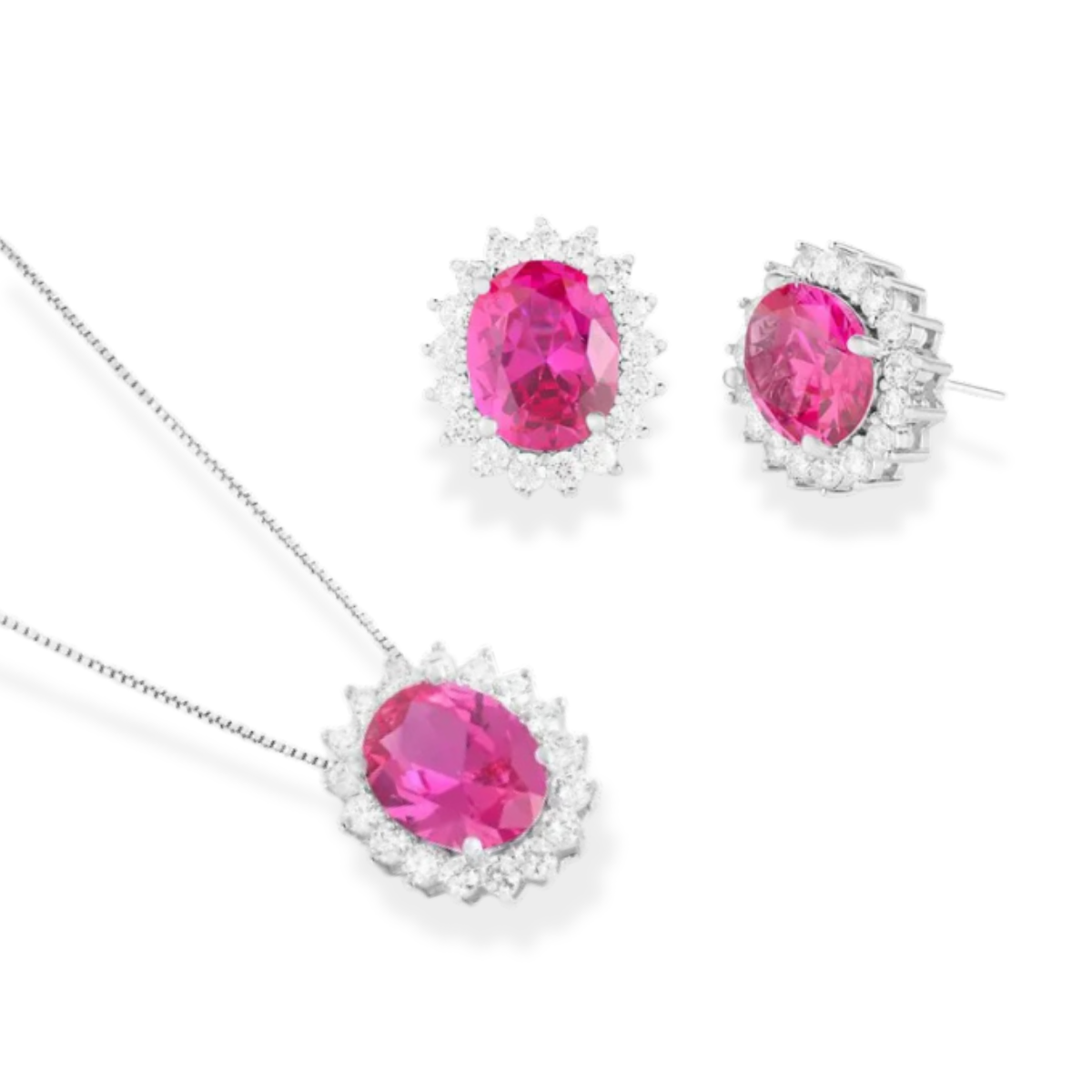 Conjunto Astrid oval zircônias turmalina pink ródio branco