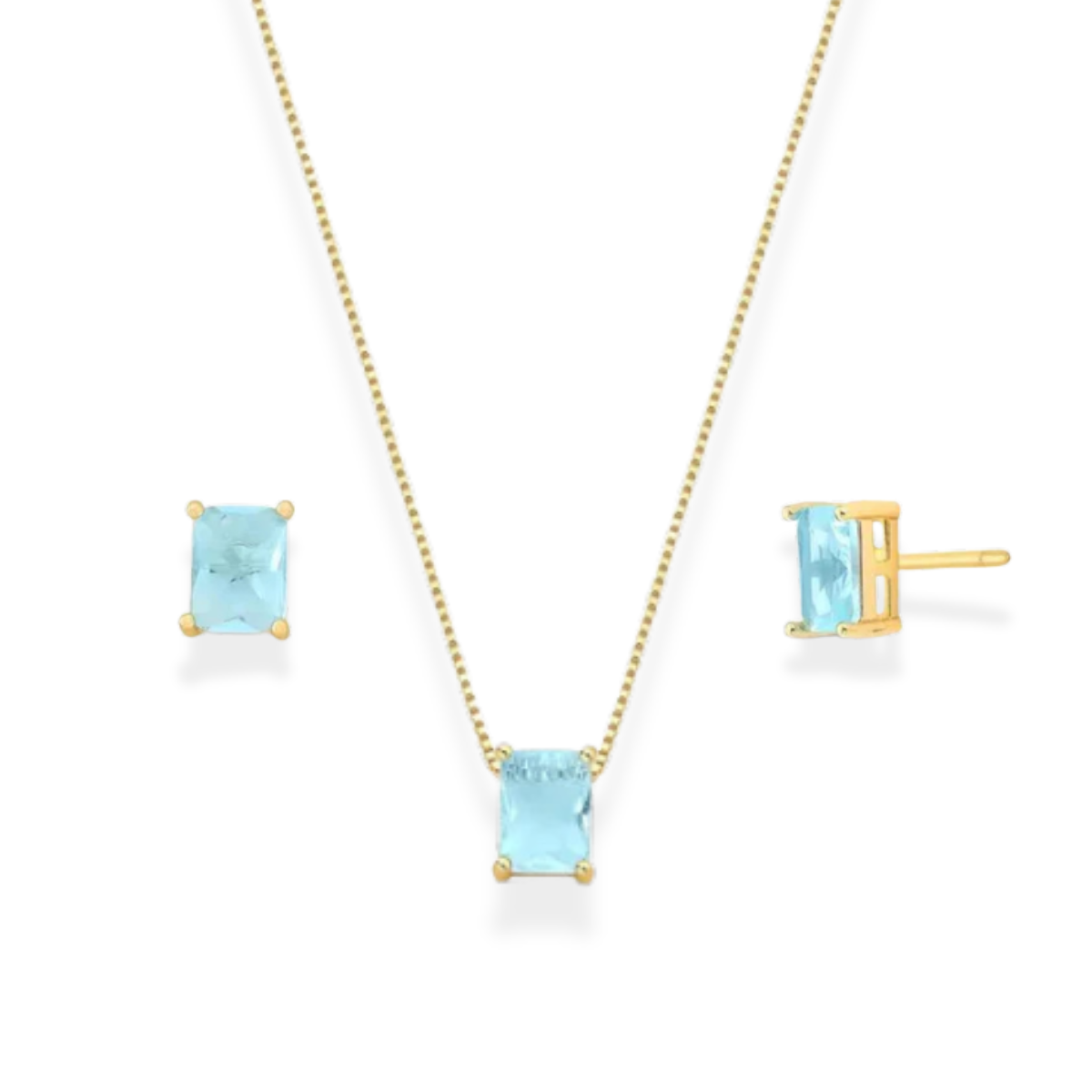 Conjunto Focus retângulo zircônia água marinha ouro