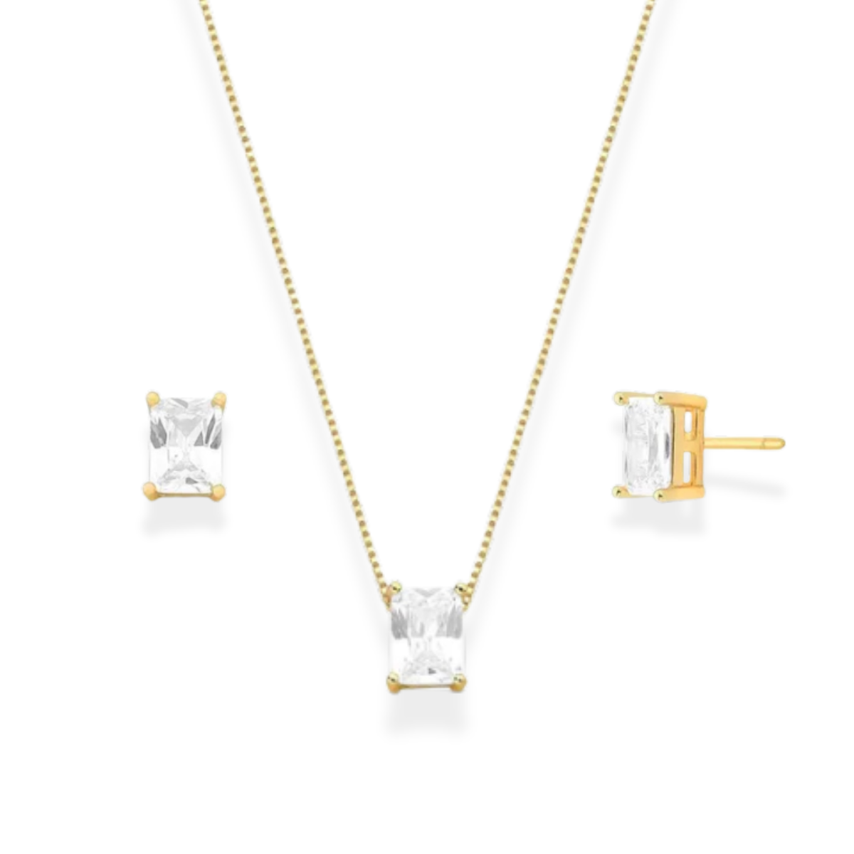 Conjunto Focus retângulo zircônia branca ouro