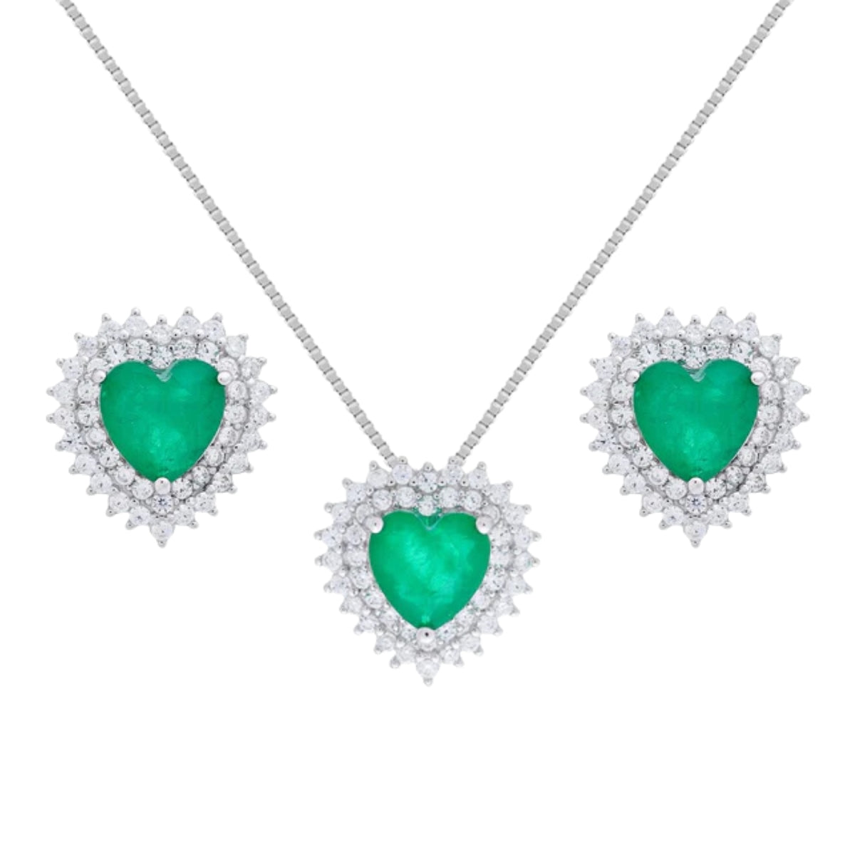 Conjunto Sally coração esmeralda fusion prata 925