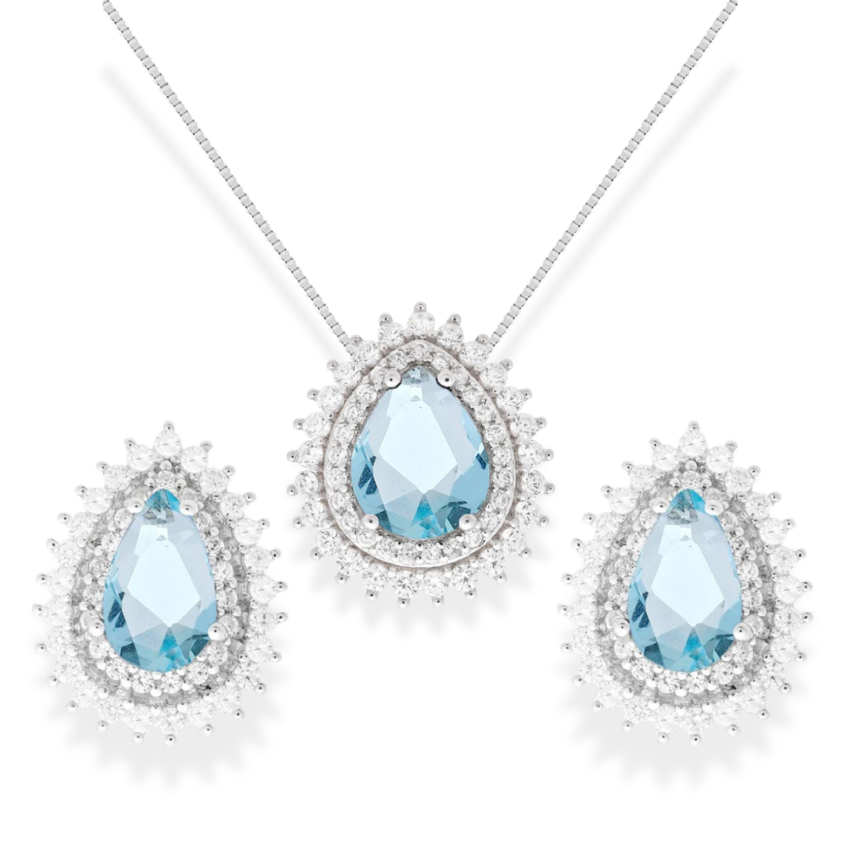 Conjunto gota Holly zircônia água marinha prata 925