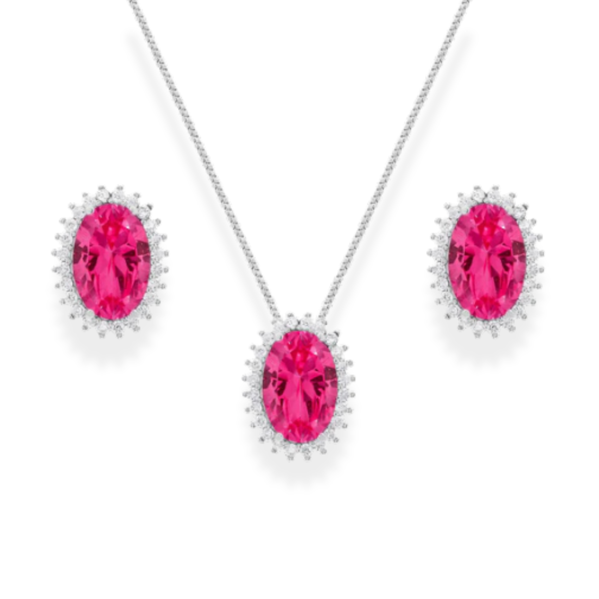 Conjunto oval Brenda zircônia turmalina pink ródio branco