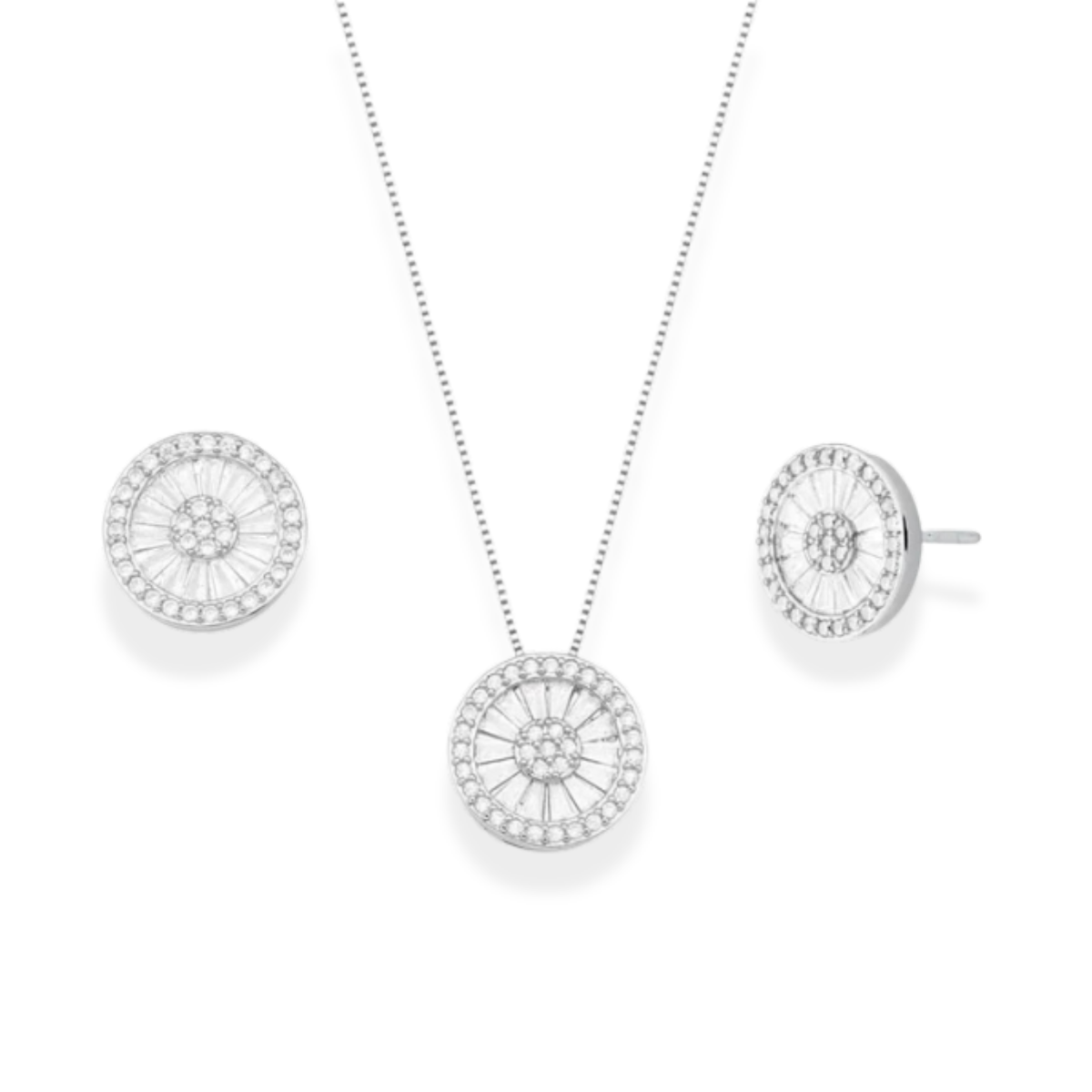 Conjunto redondo pizza cravejado ródio branco