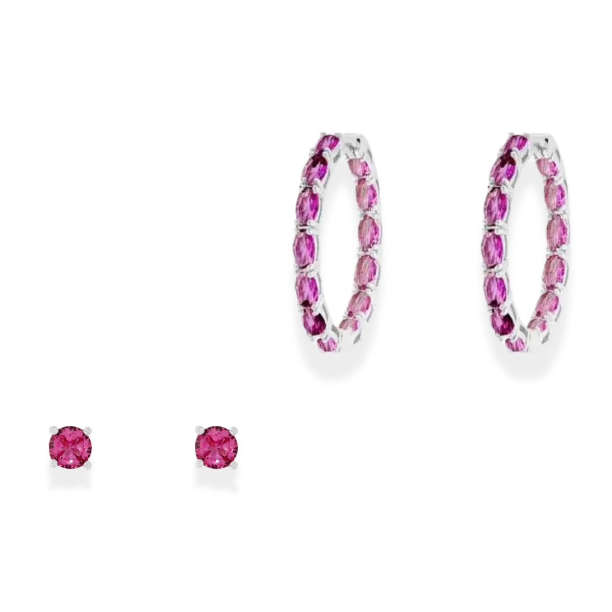 Conjunto argola Manhattan + ponto de luz 4mm zircônia turmalina pink ródio branco